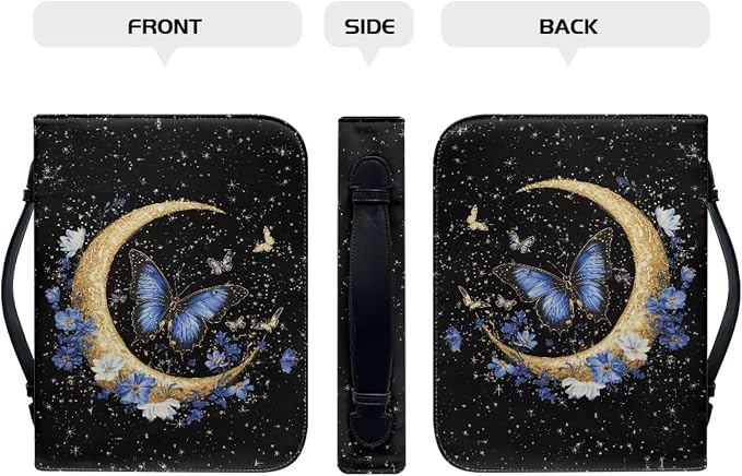 Purple Butterfly Bible Bag Bible Carrying Case for Women Moon Print Bible Cover Vegan Leather Carrying Book Case Christian Gifts for Women Size：L