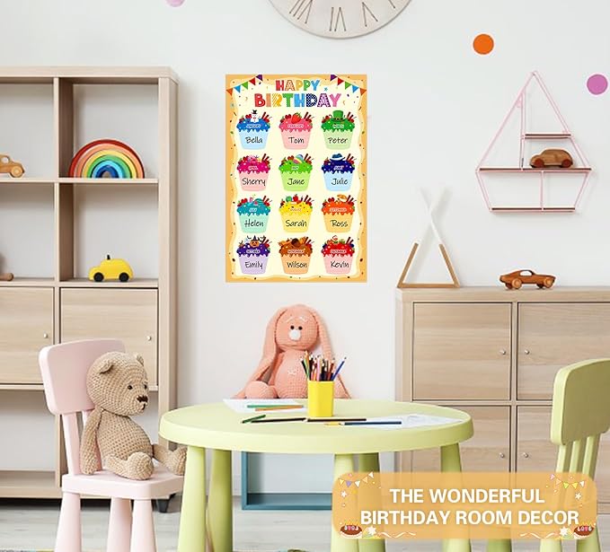 D24TIME Birthday Poster Chart for Classroom-Cupcake Birthday Calendar for Classroom Decorations Waterproof Laminated Happy Birthday Poster for Bulletin Board Decorations Back To School Supplies