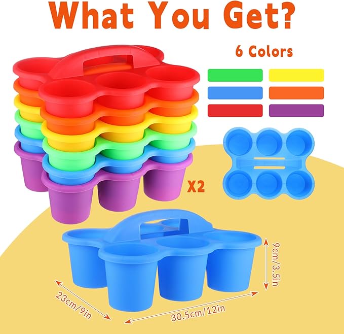12 Pack Classroom Caddy Organizer with Handle Colorful Plastic Table Caddy Drink Cup Caddies Holder 12×9×3.5 Inch Storage School Supplies 6 Compartments for Table Crayon Pencil Cup Marker Craft
