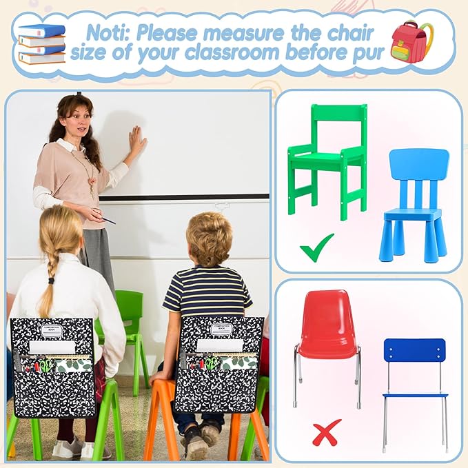 24Pcs Composition Chair Pockets for Classroom Composition Chair Back Buddy Pocket with Name Tags 17x20In Chairs Organizer 3 Pockets Seat Storage Pocket for School Classroom Daycare Home Supplies