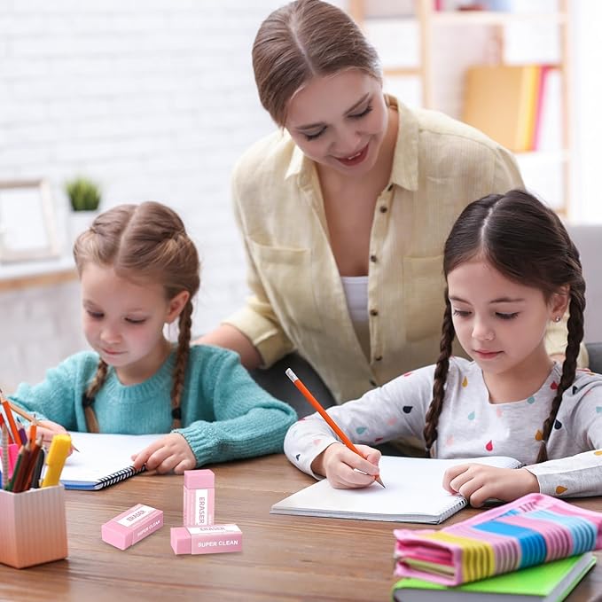 Pink Erasers, 12 Pack Block Pencil Erasers – Smudge-Free Latex-Free Cute Erasers for Kids & Girls, School Supplies, Clean Erase for Homework, Journaling & Drawing