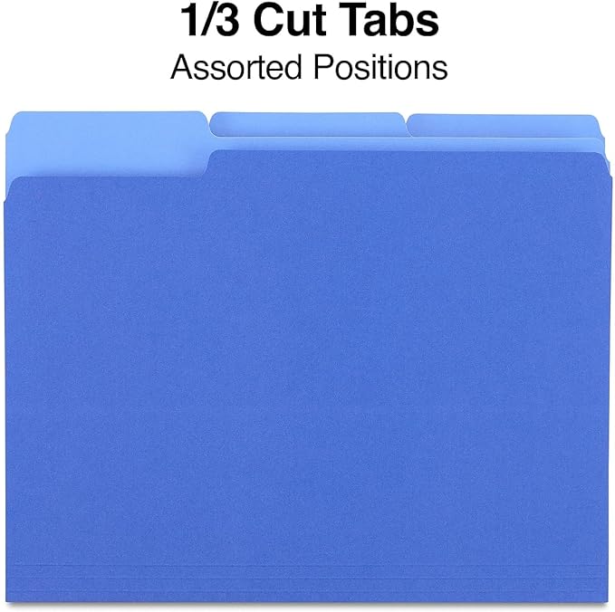 Staples File Folder, Letter Size, 1/3‑Cut Tab, Blue, Durable Paper Stock, 200/Carton