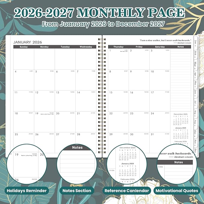 2026-2027 Monthly Planner - 2 Year Monthly Planner/Calendar 2026-2027, Jan 2026 - Dec 2027, 11" x 9", 24 Months, Tabs, Back Pocket, Holidays, Twin-Wire Binding, Note Pages