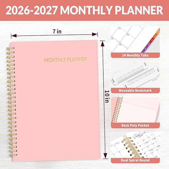 SUNEE 2026-2027 Planner - 24 Months (Jan 2026 - Dec 2027) - 7"x10" Monthly Spreads & Yearly Planner, Pink