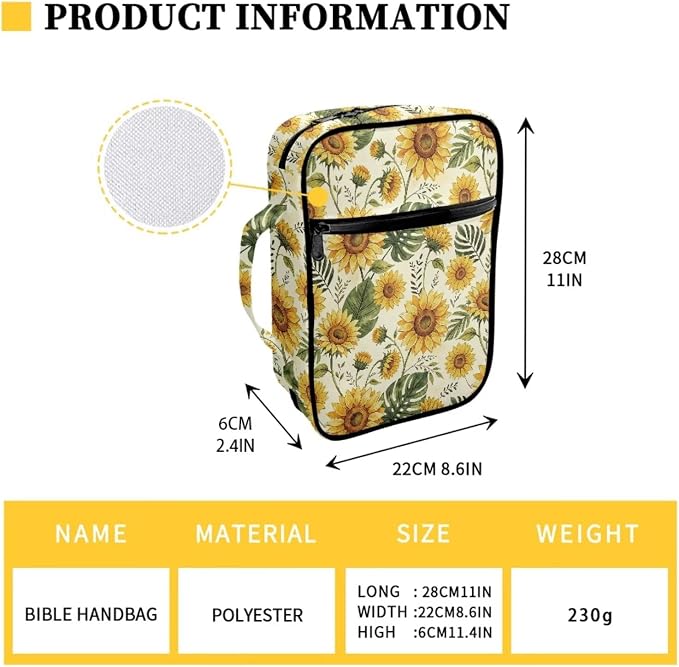 Coldinair Sunflower Palm Leaf Bible Covers Bag for Women,Cute Carrying Book Case Church Bag Bible Holder with Handle and Zippered Pocket