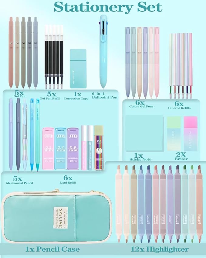 54pcs Aesthetic School Supplies Cute Stationary Set with Pencil Case 12 Highlighters, 5 Black & 6 Color Ink Gel Pens, 6-in-1 Ballpoint Pen,5 Mechanical Pencils 0.5-2.0mm for College Essentials (Blue)