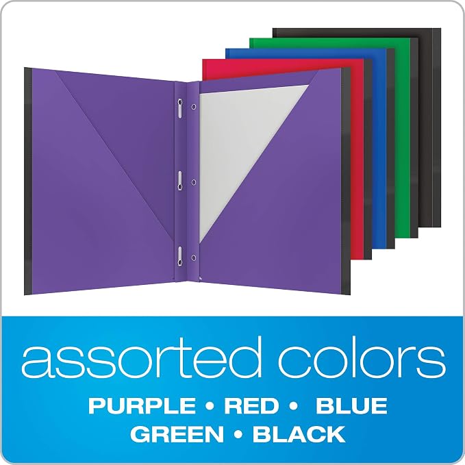 Oxford 2 Pocket Folders with Prongs, Sturdy Plastic Portfolios, Anti-Tear Edges, Letter Size, Purple, Red, Blue, Green, Black (89117) (Pack of 25)