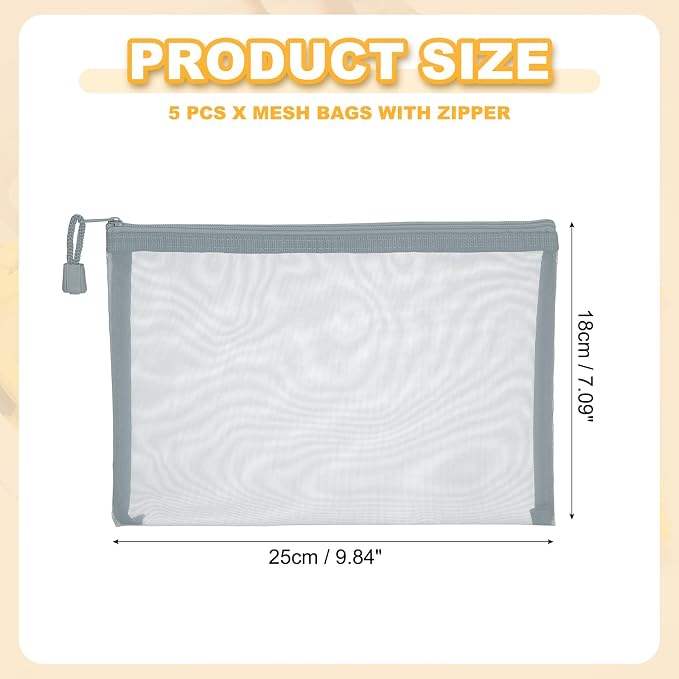 PATIKIL A5 Mesh Zipper Pouch Bags, 5 PCS Mesh Bags with Zipper Plastic Storage Pocket for Organizing File Beads Office Home Supplies, 18x25cm, Gray