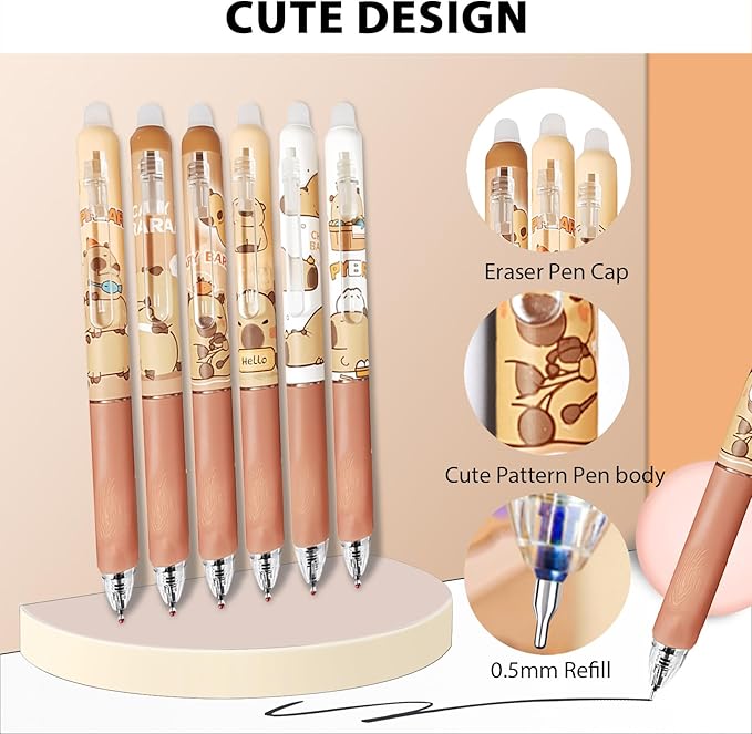 12 PCS Cute Erasable Pens,Capybara Erasable Gel Ink Pens,0.5mm Black Ink - Retractable,Cute Capybara School Supplise,Kawaii Capybara Stationery Set, Perfect for Office, School, Women,Man