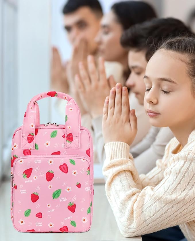 DSIUE Kids Bible Cover Case Girls Cute Bible Carrying Case Book and Study Supplies Holder/Carrier/Bag with Handle and Pockets, Pink Strawberry