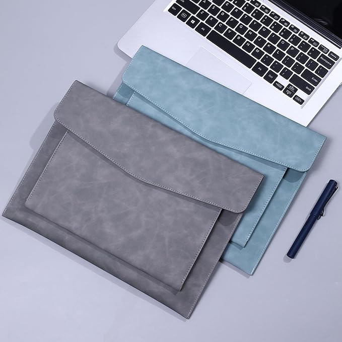 PU Leather A4 File Folder Document Holder with 2 Compartments Envelope Folder Case with Snap Closure for Receipt Contract (Gray)