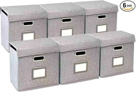 6 Pack Hanging File Folder Box with Lid, Durable Letter Size Filing Storage Box, Sturdy File Holder with Cardboard Support PVC Rails for Office Home Organizer, Gray