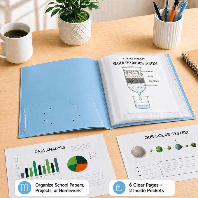 Ultra PRO - 50 Pack Light Blue Heavy Duty 2-Pocket Folders with 6 Clear Internal Pages, Waterproof Poly Project Organizer for School and Office, Fits 8.5 x 11 Letter Size, Customizable Clear Covers
