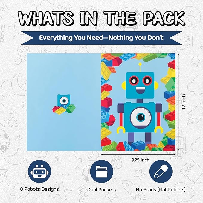 8 Kids Pocket Folders - Homework Folders in Futuristic Robots, Spaceships and Blocks Themes - Kids Folders with Pockets -8 Unique Designs in Front and Back Cover- 2 x 9.25 inch (8 Pack)