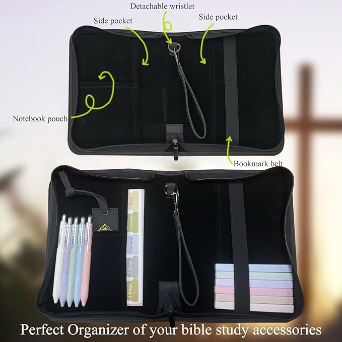 Bible Covers for Women, Leather Bible Study Case with Bookmark for Men (Black Pro)