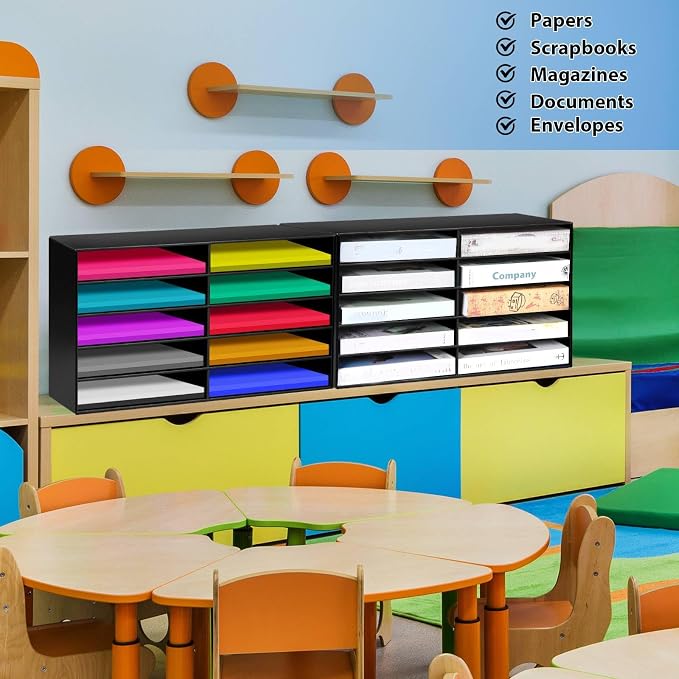 Fuutreo 2 Pcs Construction Paper Storage, Classroom Mailboxe, Back to School Literature Sorter, Sturdy Cardboard Paper Organizer for Teacher, Student, Office, 29.5" x 14.2" x 12.4"(10 Slots,Black)