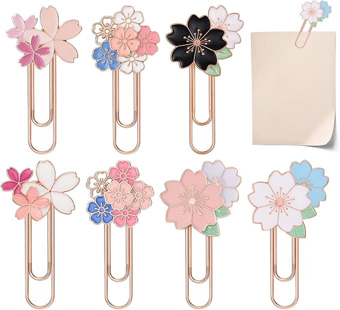 7 Pcs Cherry Blossoms Paperclip, Pretty Book Decorative Paper Clips Metal Paperclips for Bookmarks Fun Paper Clips Office Supplies Present for Bookmark Clamp Desk Stationery Accessories