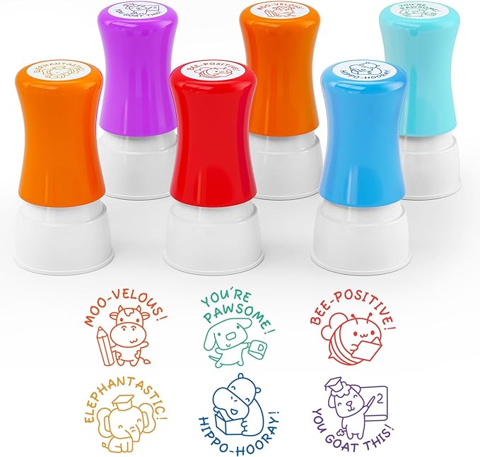 6-Piece Set of Teacher Stamps - Encouraging Animal Grading for Classroom Teacher Stamps for Grading Teacher Stamp Self Inking Stamp Behavior Stamps (Big Handle)