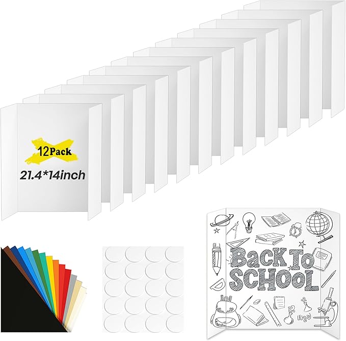 12 Pcs Small Trifold Poster Board, 21.4" x 14" Presentation Board, with Double Sided Tapes and Cardboard, White Corrugated Project Boards/Display Board for School Project/Science Fair Display Boards