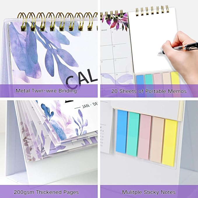 Desk Calendar 2026 Small Flip Calendar Standing Office Desktop - From Jan to Dec 2026, Small Desktop Monthly Calendar 2026 with Writing Notepads and Sticky Notes for Office Home, Purple