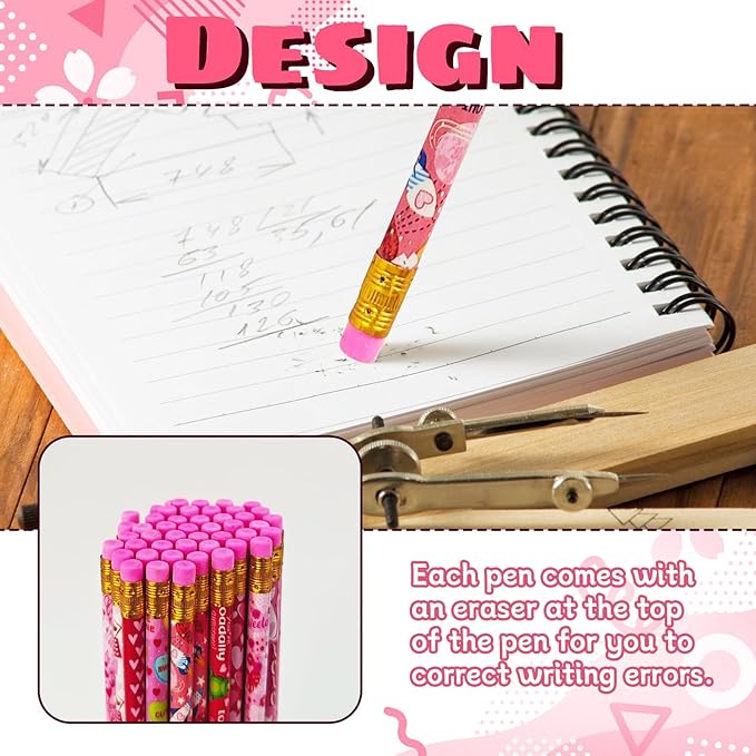 Bvrbaory 72 Pcs Valentine's Day Pencils,Bulk Wood Pencils,Pink Valentine Pencil with Erasers for Goodie Bags Fillers,Party Favors,School Classroom Rewards(12 Styles)