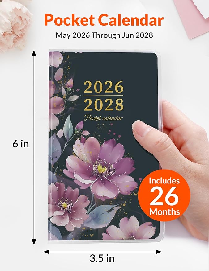 SUNEE Pocket Calendar May 2026 to June 2028 - Two Year Monthly Planner Small Calendar 3.5" x 6" Organizer for Daily & Yearly Schedule - Compact Agenda Notebook for School, Work, Women, Purple Flower