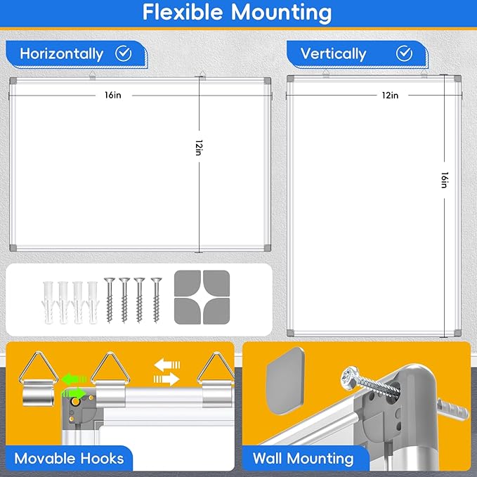 Magnetic Whiteboard, Dry Erase Board, 16x12 Inches, Wall Mounted White Board with Pen Tray, Aluminum Frame, Includes 1 Eraser, 2 Markers, 4 Magnets