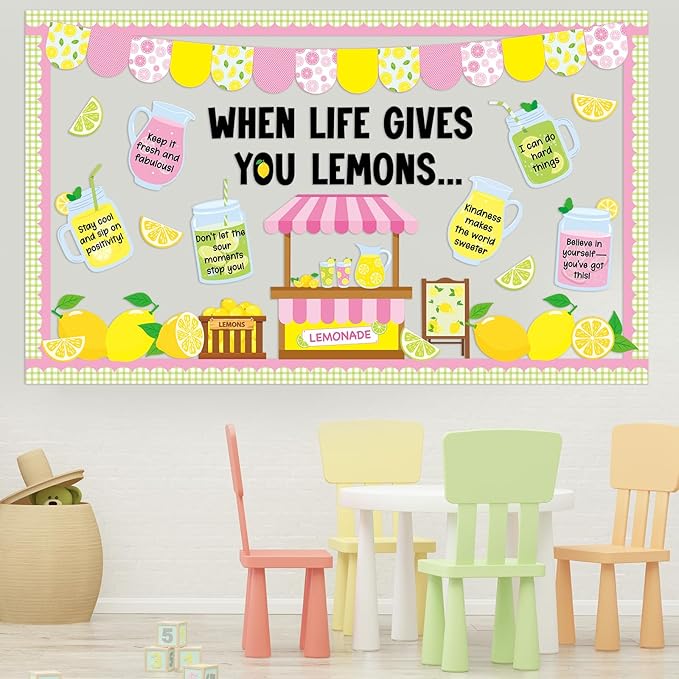 Summer Bulletin Board Set Lemon Theme Classroom Decorations Lemonade Stand Paper Cutouts Summer Bulletin Board Borders for Teacher Back to School Supplies Wall Window Blackboard Door Decor