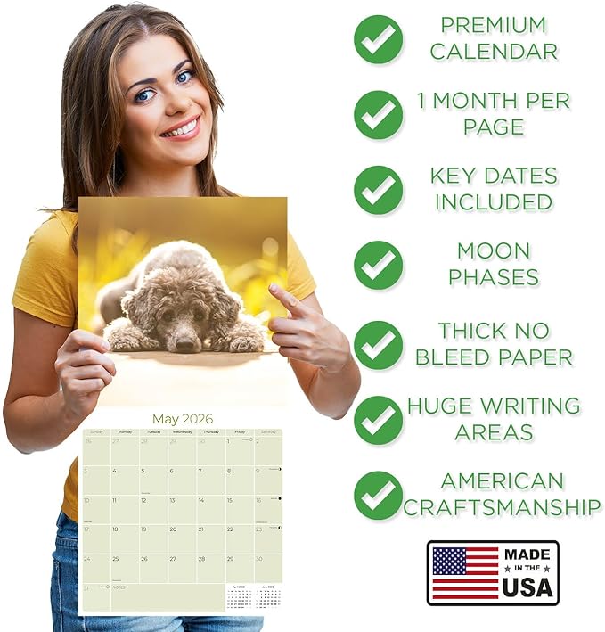 Poodle Calendar 2026 – 16-Month Dog Breed Wall Calendar by MegaCalendars – Large Daily Blocks, Thick No-Bleed Paper, Made in USA