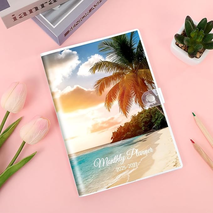 Monthly Planner 2025-2027, Monthly Calendar (July 2025 Until December 2027), 5.9'' x 8.4'', A5 Planner with PVC Cover, Perfect for Office, School Organizing Planning - Beach