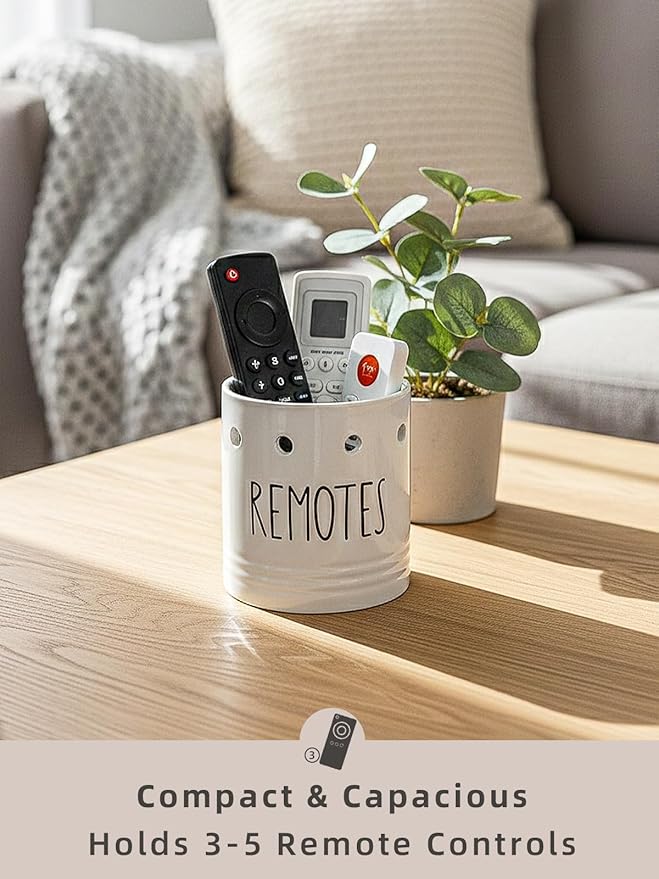 LEETOYI Ceramic Remote Control Holder, 4.9 Inch Remote Caddy Storage, Makeup Brush Holder, Office Supplies, White