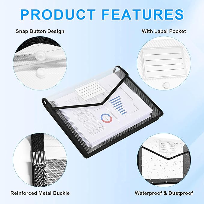 HOUYEE 2 Pack Plastic Expanding File Folder, Envelope File Folder Organizer Holder with Snap Closure, Expandable File Wallet Large Capacity, Fit Letter Size/A4 Documents（Clear with Black Trim）