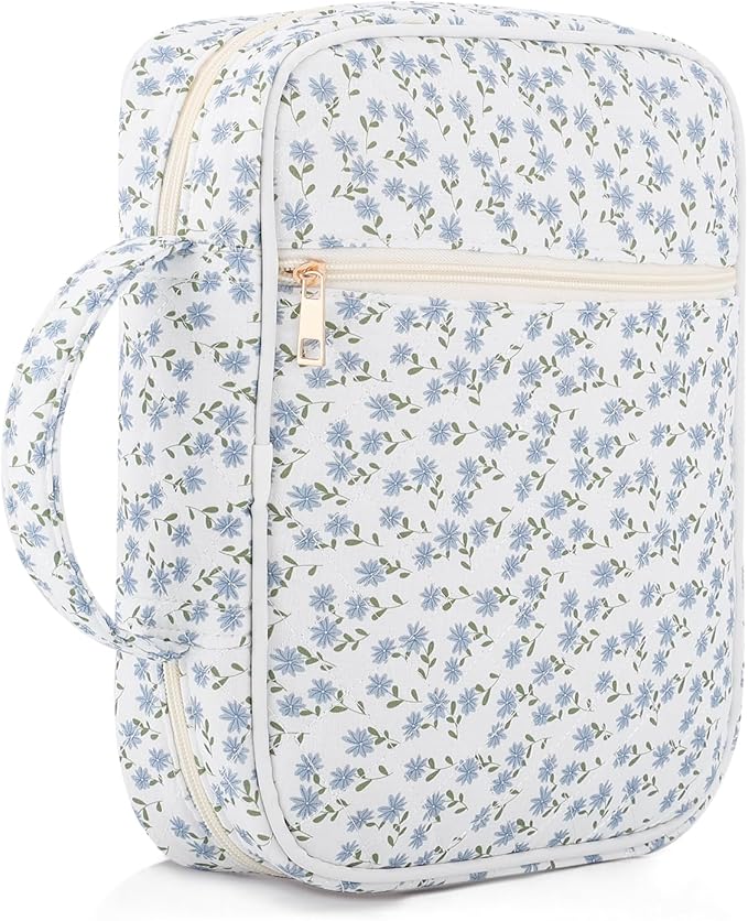 Dntorx Quilted Bible Cover Case for Women with Handle, Bible Bag with Zippered Pocket, Blue Floral Bible Case for Girls, Bible Study Supplies Kit, Large Size