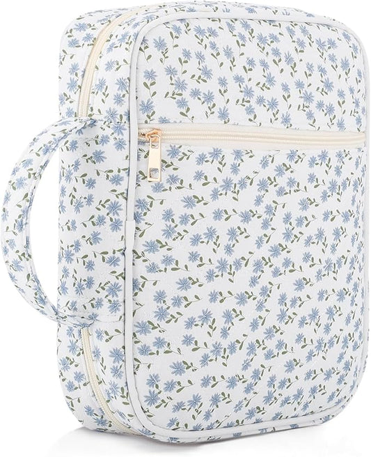 Dntorx Quilted Bible Cover Case for Women with Handle, Bible Bag with Zippered Pocket, Blue Floral Bible Case for Girls, Bible Study Supplies Kit, Large Size