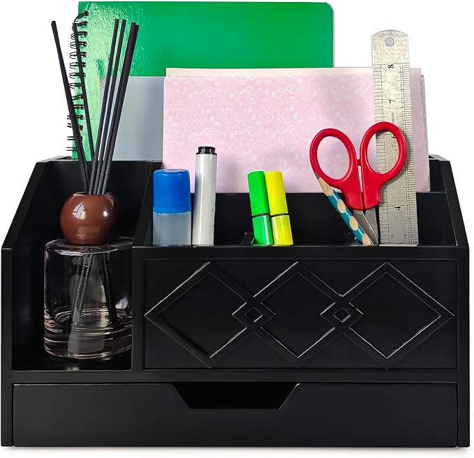 Black Wooden Mail Organizer with Drawer, Three Tiered Desk Accessories for Office Organization and Storage, Stylish Countertop Document Storage, Home/Office/Classroom Supplies (Black02)