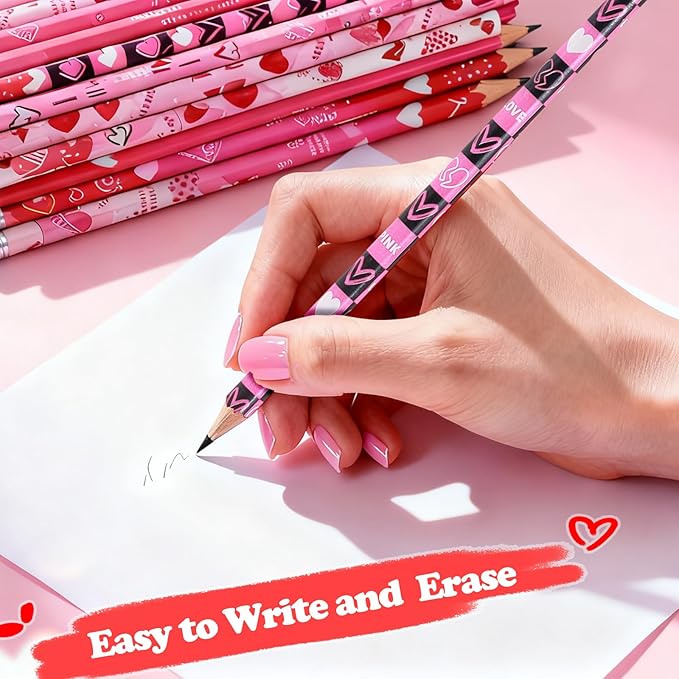120 Pcs Valentine Pencils Bulk with Erasers, 12 Unique Heart Themed Design for Valentine Goodies Prize Gift Favor Party Supplies