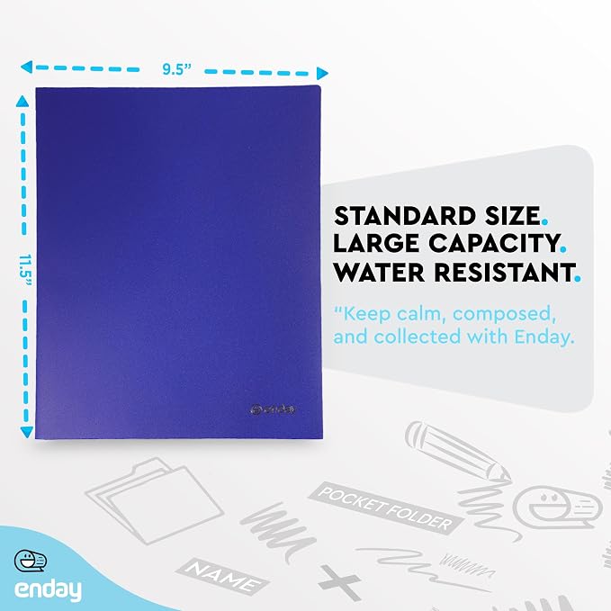 Plastic Folders with Pockets and Prongs Blue, Two Pocket Folder with Brads, 3 Prong Folders with Pockets for Letter Size Sheets, Also Avail in Purple, Black, Green, Yellow, Orange, 6 Pc –by Enday