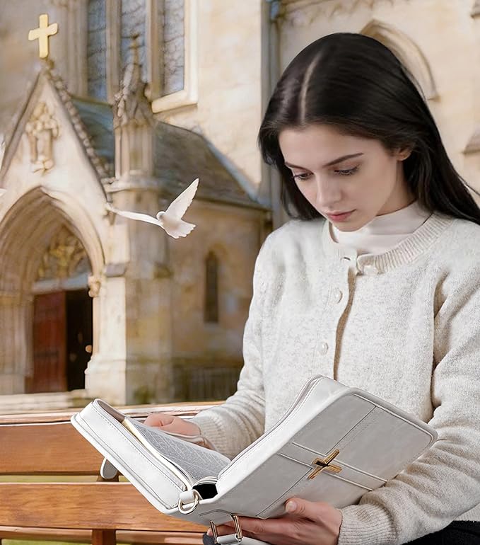 Vegan Leather Bible Cover Case, Bible Bag with Phone Pocket, Bible Case for Women, Christian Gift Box Packaging (White – with Strap)