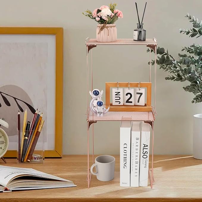 Locker Organizer Shelf Stackable Extra Locker Shelf for School Locker Organizer Storage Cabinet Accessories Suitable for School, Office, and Home use (2, Rose Gold)