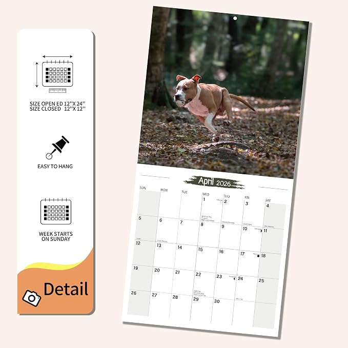 2025-2026 Wall Calendar American Staffordshire Terrier Planner Calendar, Hangable Monthly Wall Calendar with Large Blocks for Organizing & Planning, Academic Schedule, Home, Office & family, Thick & Sturdy Paper (12"x24" Open)