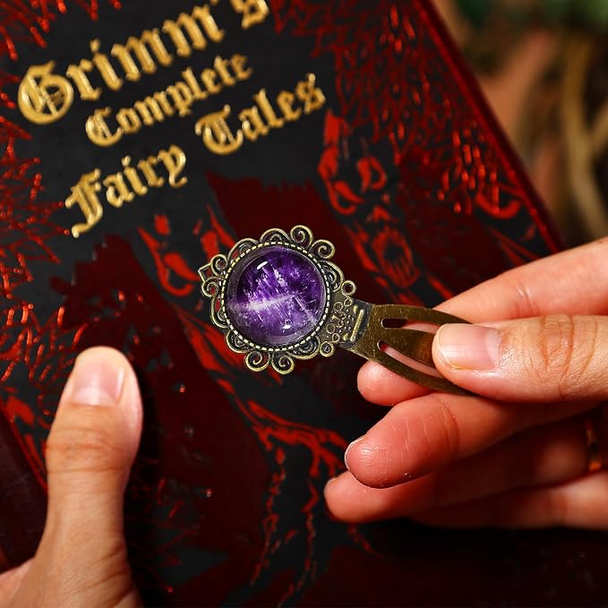 1Pcs Vintage Amethyst Bookmark with Natural Crystal Stone - Fantasy Brass Metal Bookmarks for Reading Women, Men, Book Lovers, Girls and Teachers Book Marks(Amethyst)