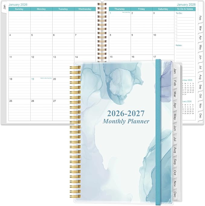 2026-2027 Monthly Planner - 18 Monthly Calendar, January 2026 - June 2027, Two Pages Per Month, 9" x11" Planner with Tabs, Strong Twin-Wire Binding, Inner Pocket, Blue Watercolor