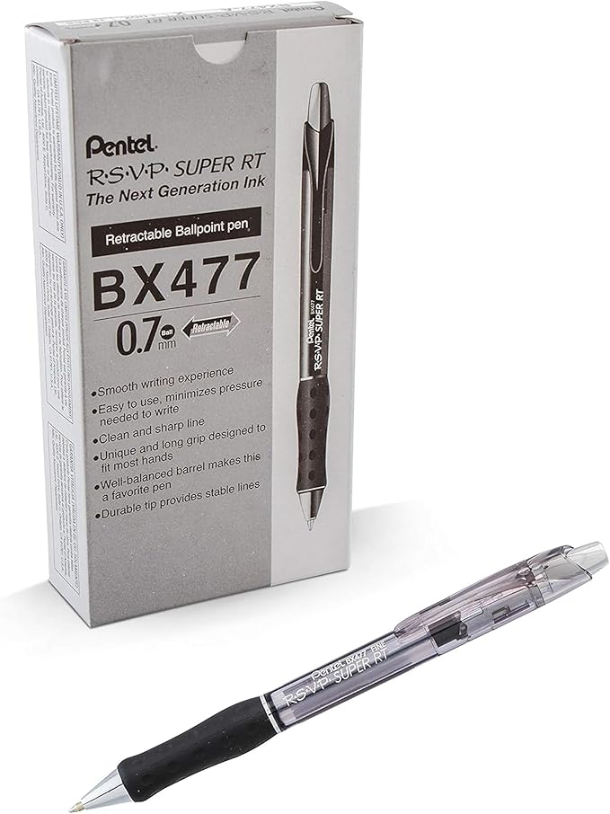 Pentel RSVP Super RT Ballpoint Pen, (0.7mm) Fine Line, Black Ink, Box of 12 (BX477-A)