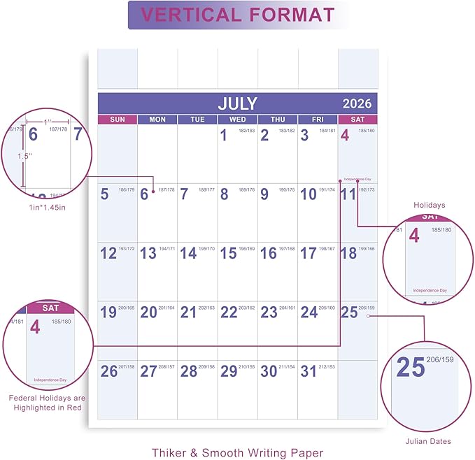 2026-2027 Yearly Wall Calendar - Calendar 2026-2027, July 2026 - June 2027, Large Wall Calendar 26-27, 34.8" x 22.8"(Open), Full Year Calendar Large, One Page Vertical with Round Stickers - Purple