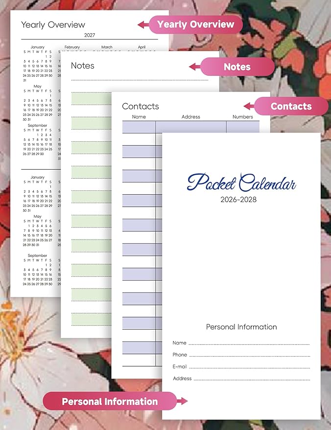 Pocket Calendar 2026-2028 Floral Series, Monthly Planner Jan 2026 to Jul 2028 (3.7" x 6.7") Perfect Purse Calendar, Pocket Agenda with Protective Plastic Sleeve-Blush Floral