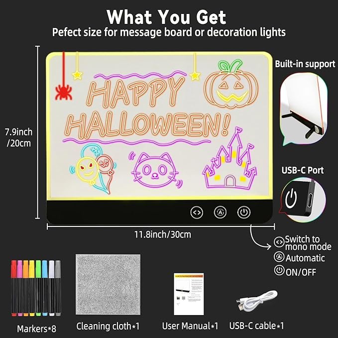 Acrylic Dry Erase Board with Light, Rechargeable LED Memo Board with 7 Colors & 4 Flash Modes, 12"x8" Light Up Desktop Message Board with Foldable Stand, Professional Glowing Note Pad