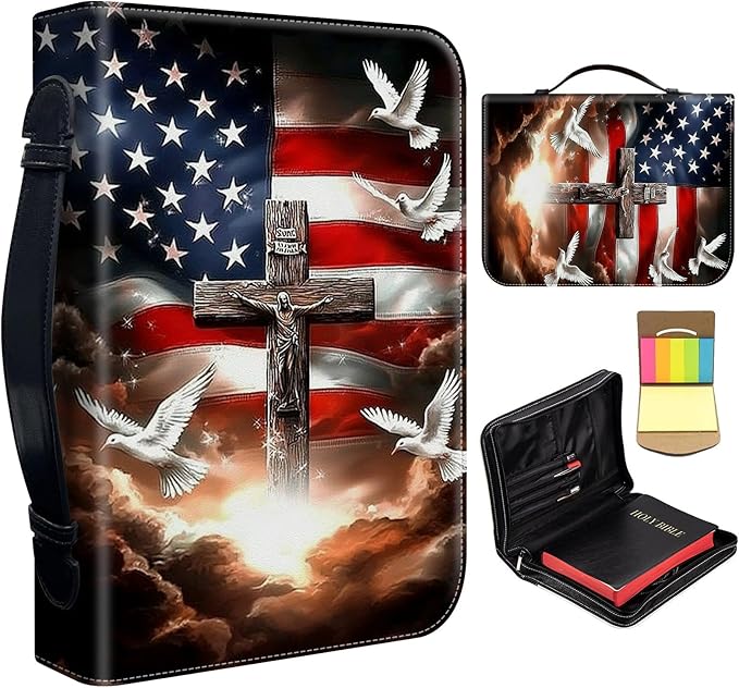 Bible Cover for Men Women,Large Leather Bible Case Fit Book Up to 11x8x2 Inch,American Flag with Cross Dove Bible Covers Bible Study Carrier Church Bags w/Handle & Zipper