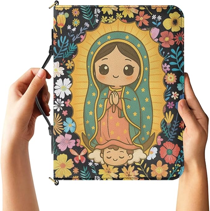 Our Lady of Guadalupe Design Bible Cover Case for Girls, Cute Bible Case for Girls with Strap and Handle, Large Leather Bible Covers with Inner Pockets and Pen Loop, Christian Gifts for Girls