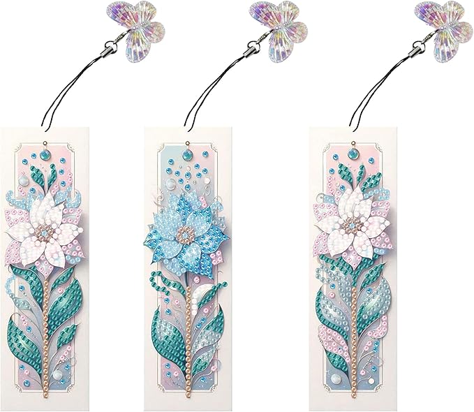 3pcs Flower Diamond Art Bookmarks,Flowes Diamond Painting Bookmark Kits for Adult,DIY Gem Art Small Crafts with Rhinestone Tassel,Paint by Diamonds for Graduation Birthday Reader Gifts (flower-023)
