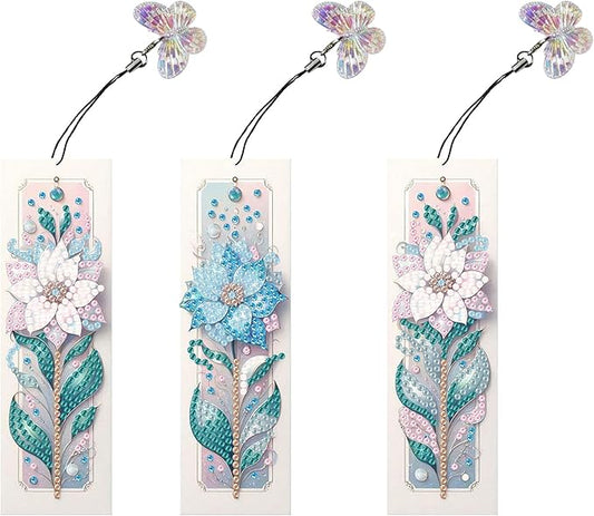 3pcs Flower Diamond Art Bookmarks,Flowes Diamond Painting Bookmark Kits for Adult,DIY Gem Art Small Crafts with Rhinestone Tassel,Paint by Diamonds for Graduation Birthday Reader Gifts (flower-023)
